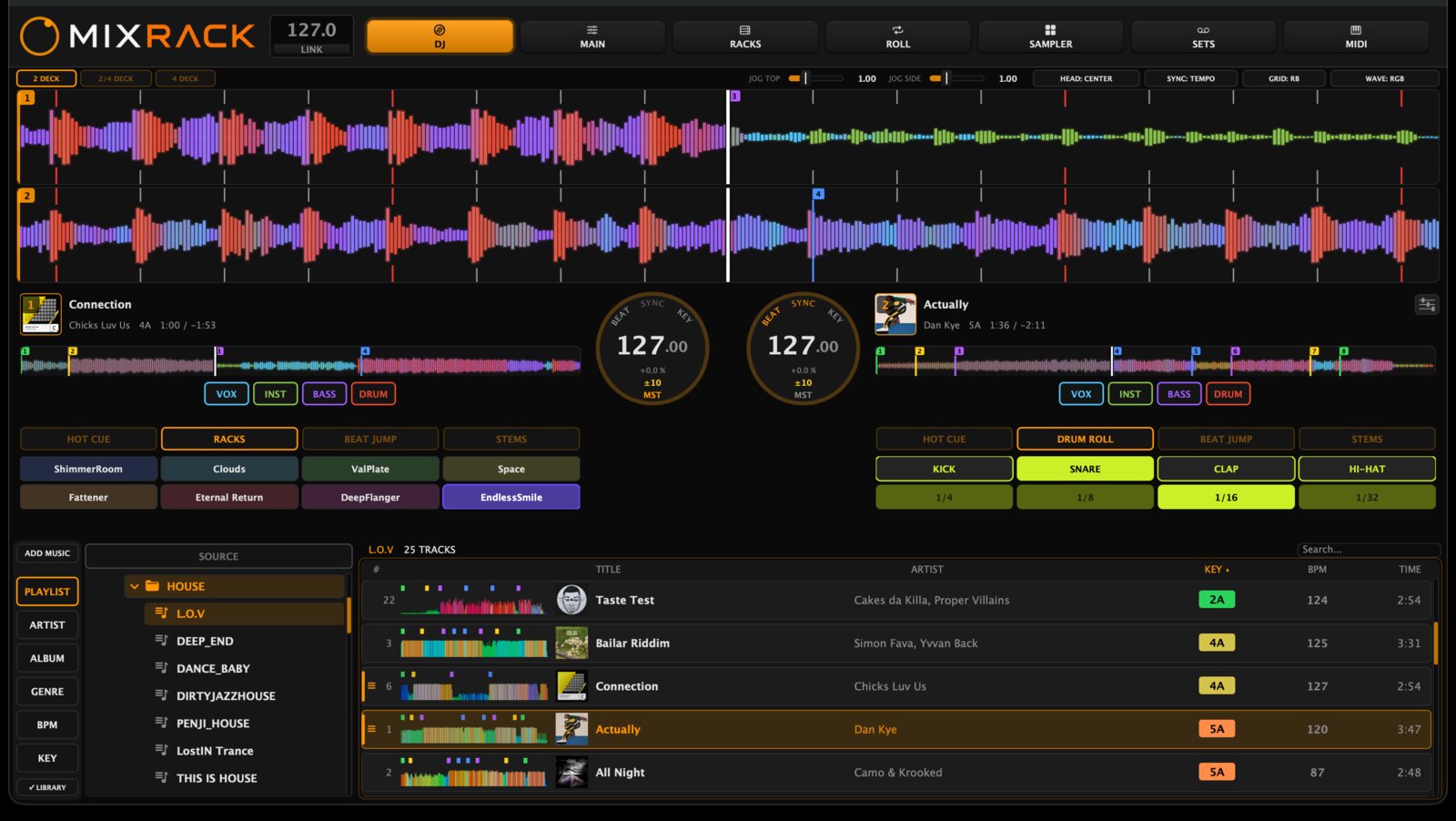 MixRack's DJ tab: two scrolling stem-coloured waveforms with beatgrids, two decks synced at 127 BPM, stem buttons under each deck, rack launch pads and drum-roll pads, above a playlist browser.