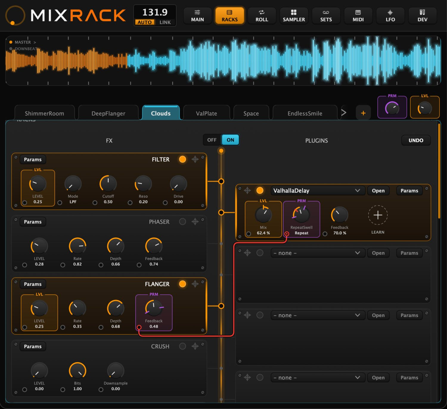 MixRack's RACKS tab: a rack named Clouds holding filter, phaser, flanger and crush modules patched into a ValhallaDelay plugin, knobs marked to the LEVEL and PARAM macros.